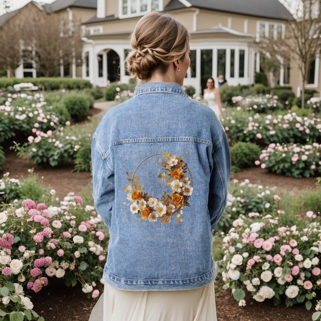 Golden Orange White Flowers Rustic Elegant Denim Jacket (Wedding Back)