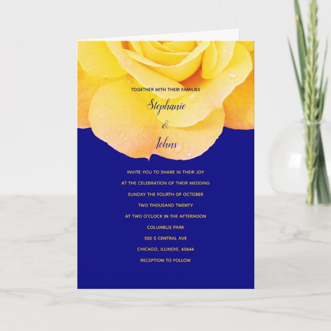 Golden Orange Yellow Rose Navy Blue Floral Wedding Invitation (Front)