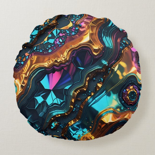 Golden Ore Veins with shiny Gems Round Cushion (Front)