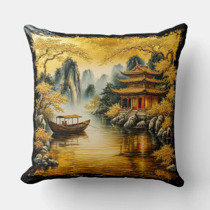 Golden Oriental Lake with a Pagoda Cushion
