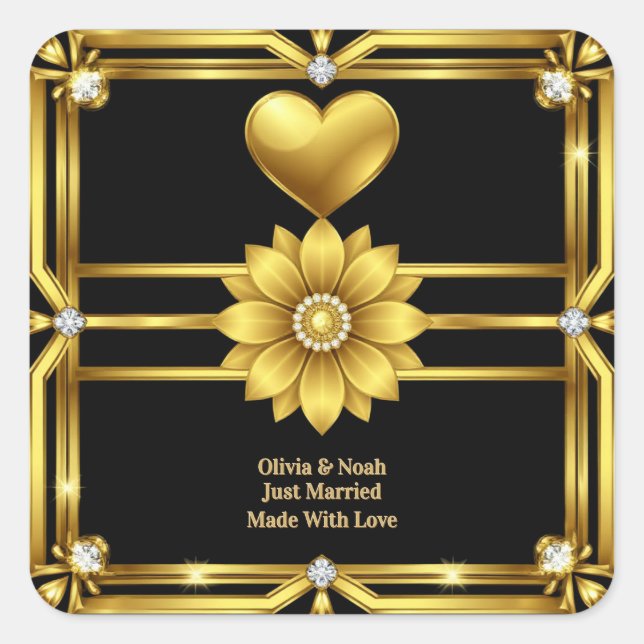 💖 Golden Ornament Wedding Celebration Theme 🖤 Square Sticker (Front)