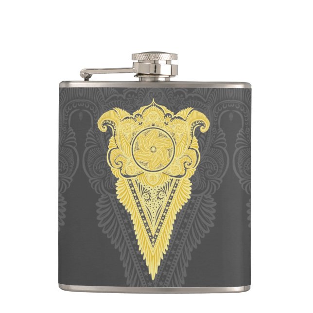 Golden Ornamental Flame Hip Flask (Front)
