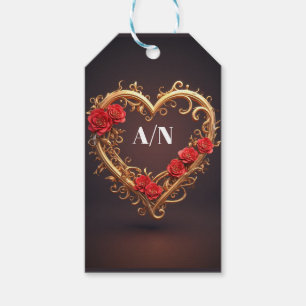 Golden Ornamental Heart Wreath With Red Flowers Gift Tags