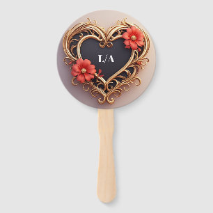 Golden Ornamental Heart Wreath With Red Flowers Hand Fan