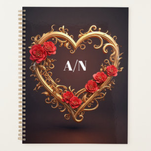 Golden Ornamental Heart Wreath With Red Flowers Planner