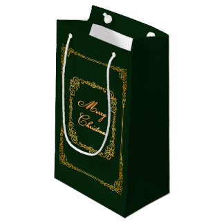 Golden Ornamental Merry Christmas Small Gift Bag