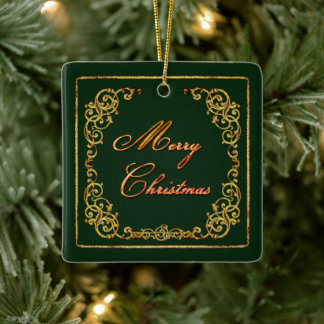 Golden Ornamental on Green Merry Christmas Ceramic Ornament
