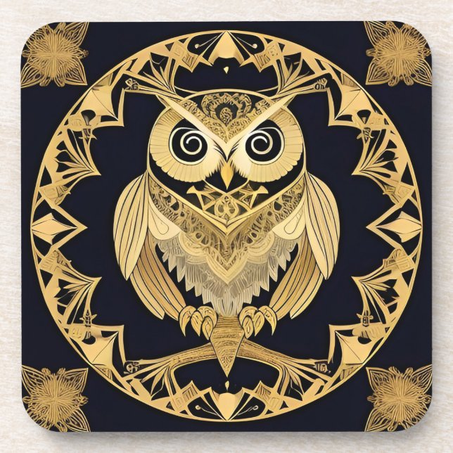 Golden Ornamental Owl with Decorative Design Coaster (Front)