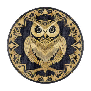 Golden Ornamental Owl with Decorative Design Cutting Board