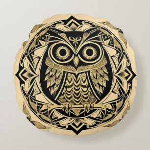 Golden Ornamental Owl with Decorative Design Round Cushion