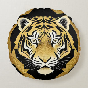 Golden Ornamental Tiger Artwork Round Cushion