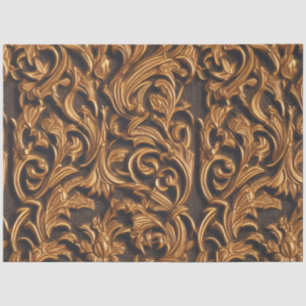 Golden Ornate Baroque Damask on Dark Leather Tissue Paper