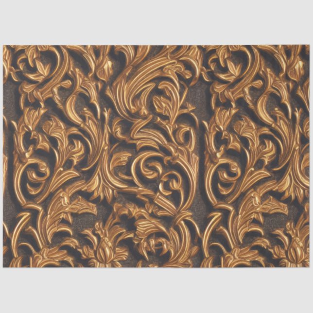 Golden Ornate Baroque Damask on Dark Leather Tissue Paper (Front)