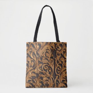 Golden Ornate Baroque Damask on Dark Leather