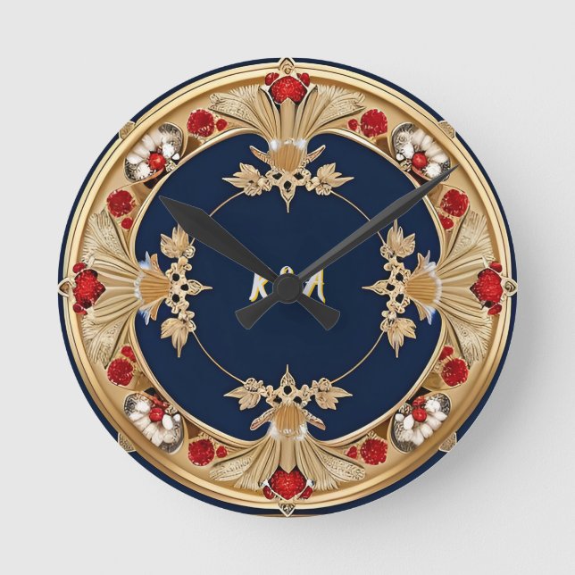 Golden Ornate Floral Circle Design Round Clock (Front)