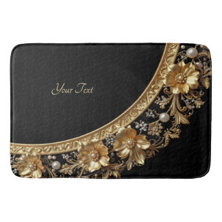 Golden Ornate Flowers Bath Mat