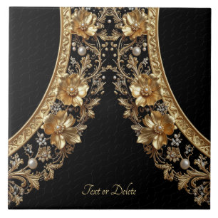 Golden Ornate Flowers Ceramic Tile