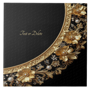 Golden Ornate Flowers Ceramic Tile