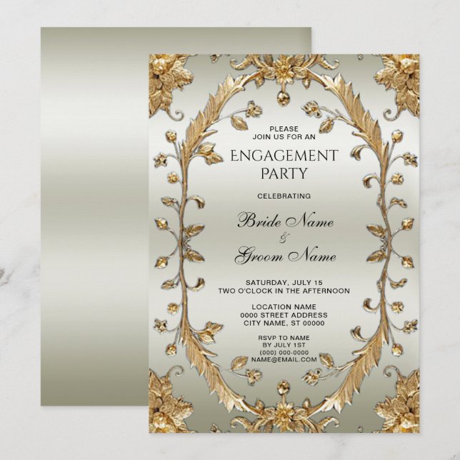 Golden Ornate Flowers Engagement Invitation (Front/Back)