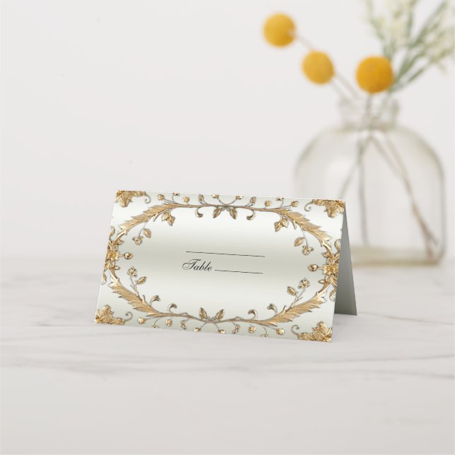 Golden Ornate Flowers Place Card (Front)