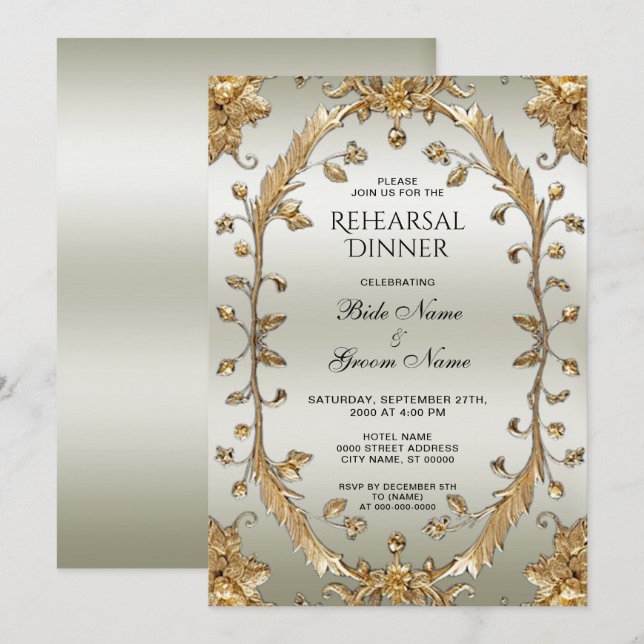 Golden Ornate Flowers Rehearsal Dinner Invitation (Front/Back)
