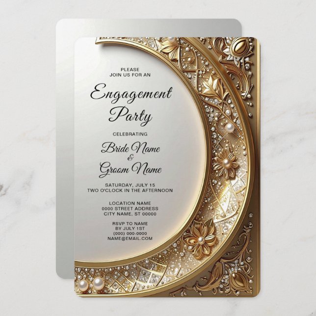 Golden Ornate Frame Engagement Invitation (Front/Back)