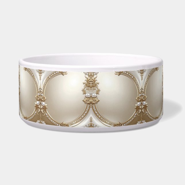 Golden Ornate Frame with Pearls Ceramic Pet Bowl (Front)