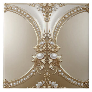 Golden Ornate Frame with Pearls Ceramic Tile