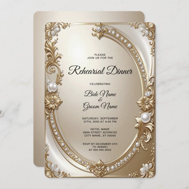 Golden Ornate Frame with Pearls Rehearsal Dinner Invitation (Front/Back)