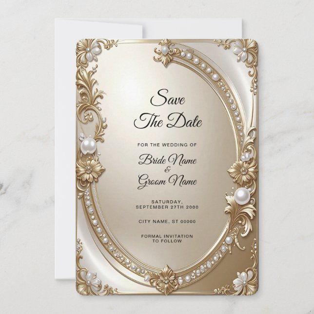 Golden Ornate Frame with Pearls Save the Date (Front)