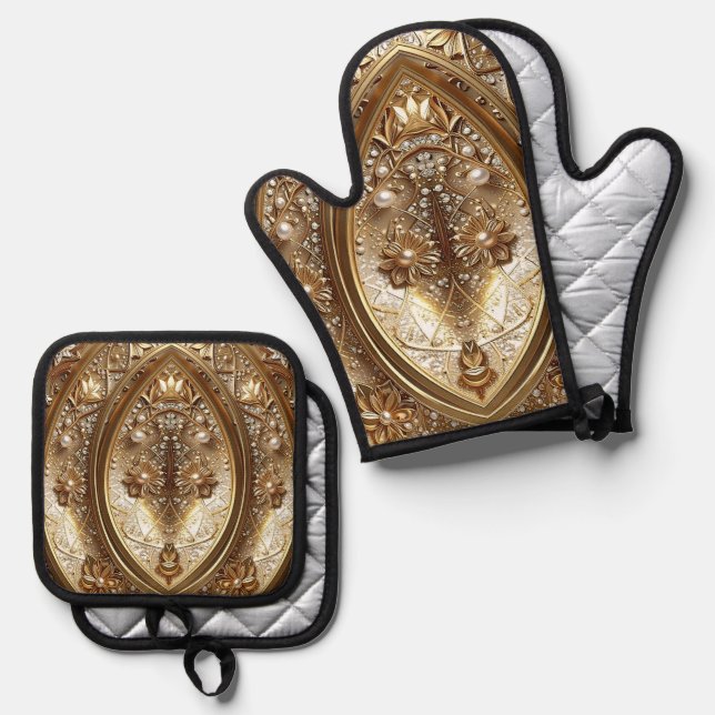 Golden Ornate Oven Mitt & Pot Holder Set (Front/Back)