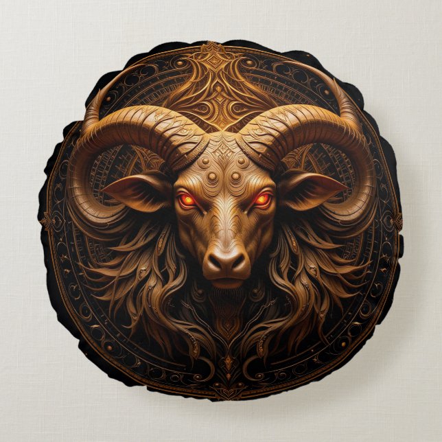Golden Ornate Ram Head Round Cushion (Front)