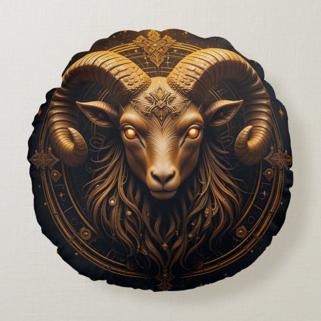 Golden Ornate Ram Head Round Cushion (Front)