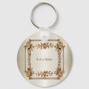 Golden Ornate Rectangle Dimond Flowers Shiny Key Ring