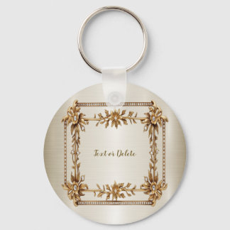 Golden Ornate Rectangle Dimond Flowers Shiny Key Ring