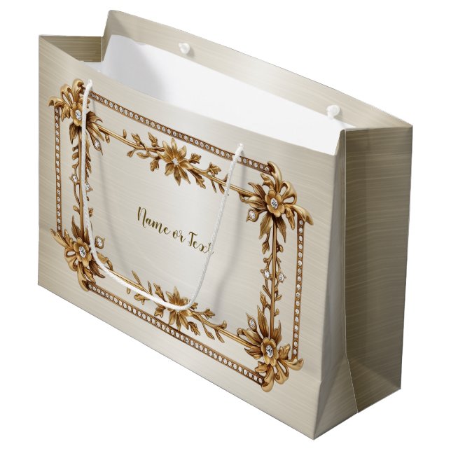 Golden Ornate Rectangle Dimond Flowers Shiny Large Gift Bag (Front Angled)