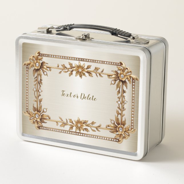Golden Ornate Rectangle Dimond Flowers Shiny Metal Lunch Box (Front)