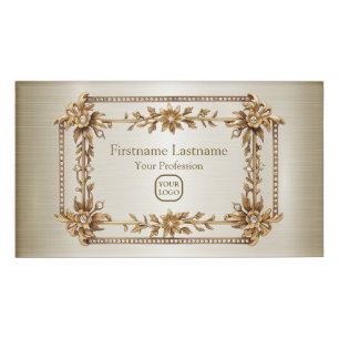Golden Ornate Rectangle Dimond Flowers Shiny Name Tag