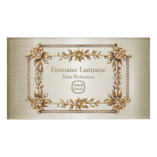 Golden Ornate Rectangle Dimond Flowers Shiny Name Tag