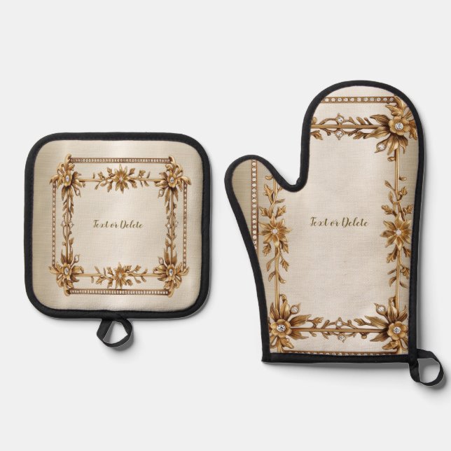 Golden Ornate Rectangle Dimond Flowers Shiny Oven Mitt & Pot Holder Set (Front)