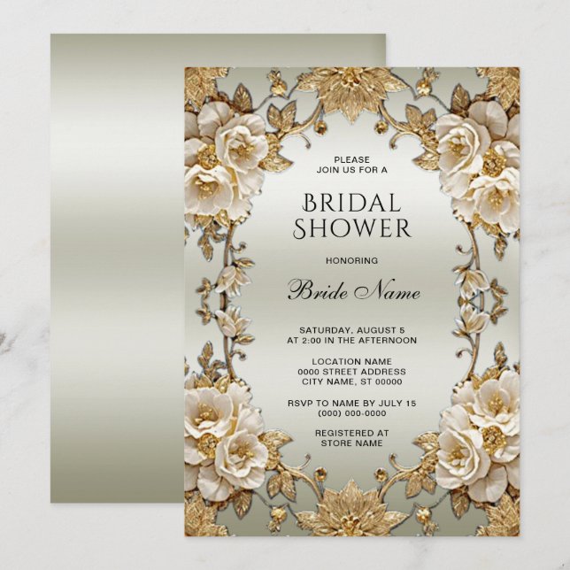 Golden Ornate White Flowers Bridal Shower Invitation (Front/Back)