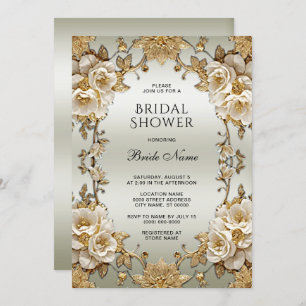 Golden Ornate White Flowers Bridal Shower Invitation