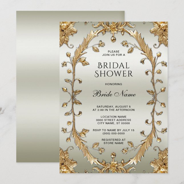 Golden Ornate White Flowers Bridal Shower Invitation (Front/Back)