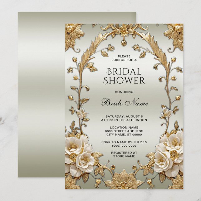 Golden Ornate White Flowers Bridal Shower Invitation (Front/Back)