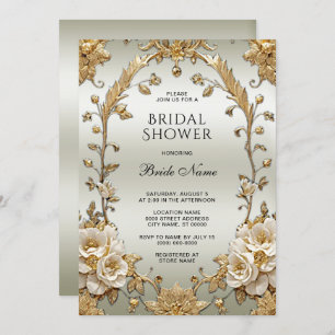 Golden Ornate White Flowers Bridal Shower Invitation