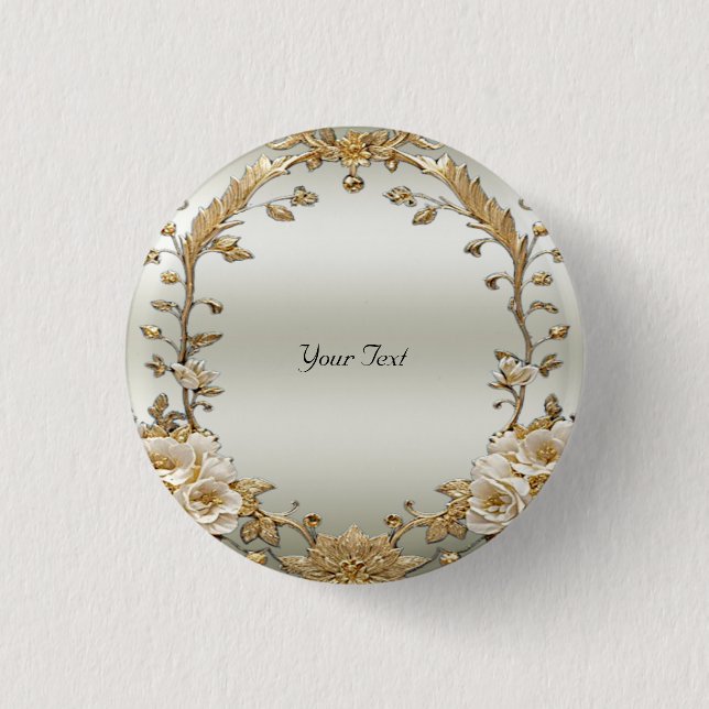 Golden Ornate White Flowers Button (Front)