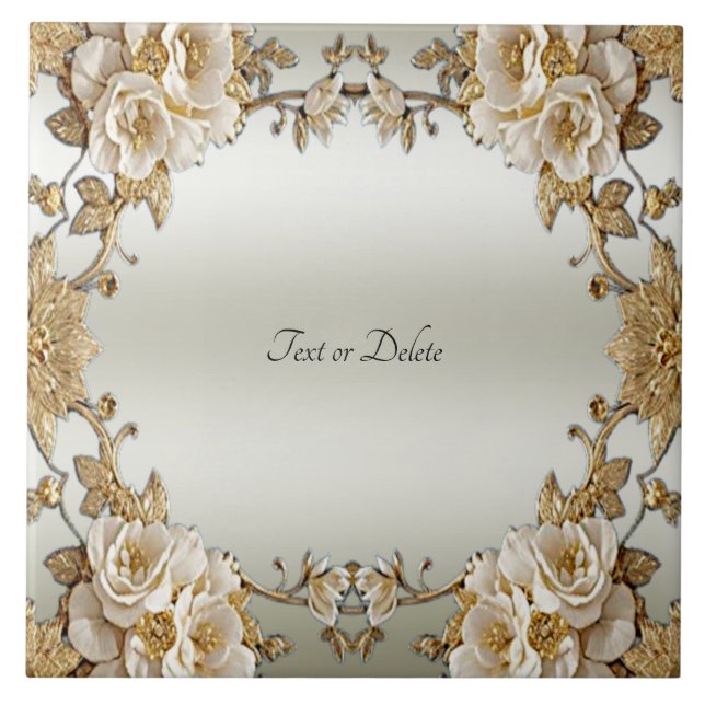 Golden Ornate White Flowers Ceramic Tile (Front)