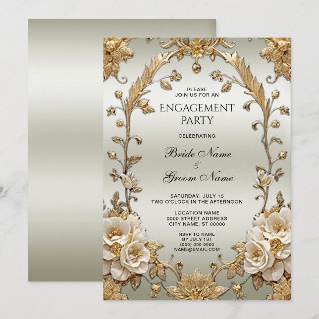Golden Ornate White Flowers Engagement Invitation (Front/Back)