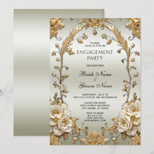Golden Ornate White Flowers Engagement Invitation