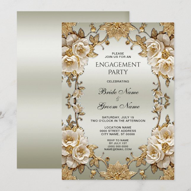 Golden Ornate White Flowers Engagement Invitation (Front/Back)